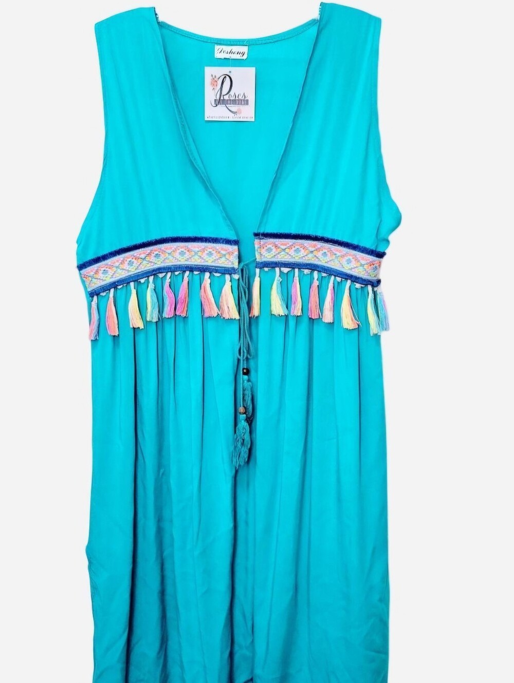 Desheng Sleeveless Summer Kimono Teal with Multicolor Tassels Women's S/M NEW - Picture 9 of 9
